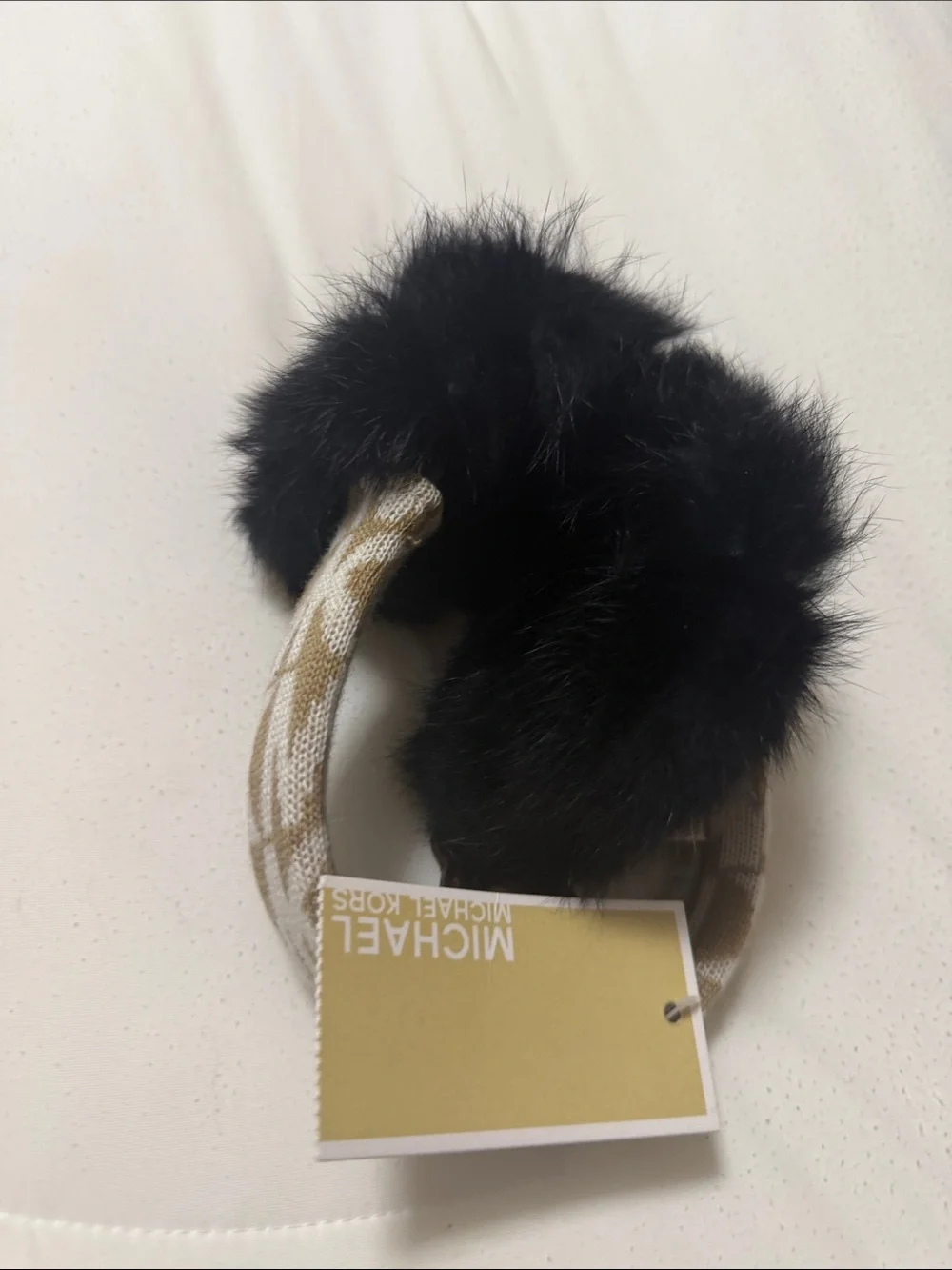 Michael Kors Tan Knit Gloves with Black Faux Fur Ear Warmer
